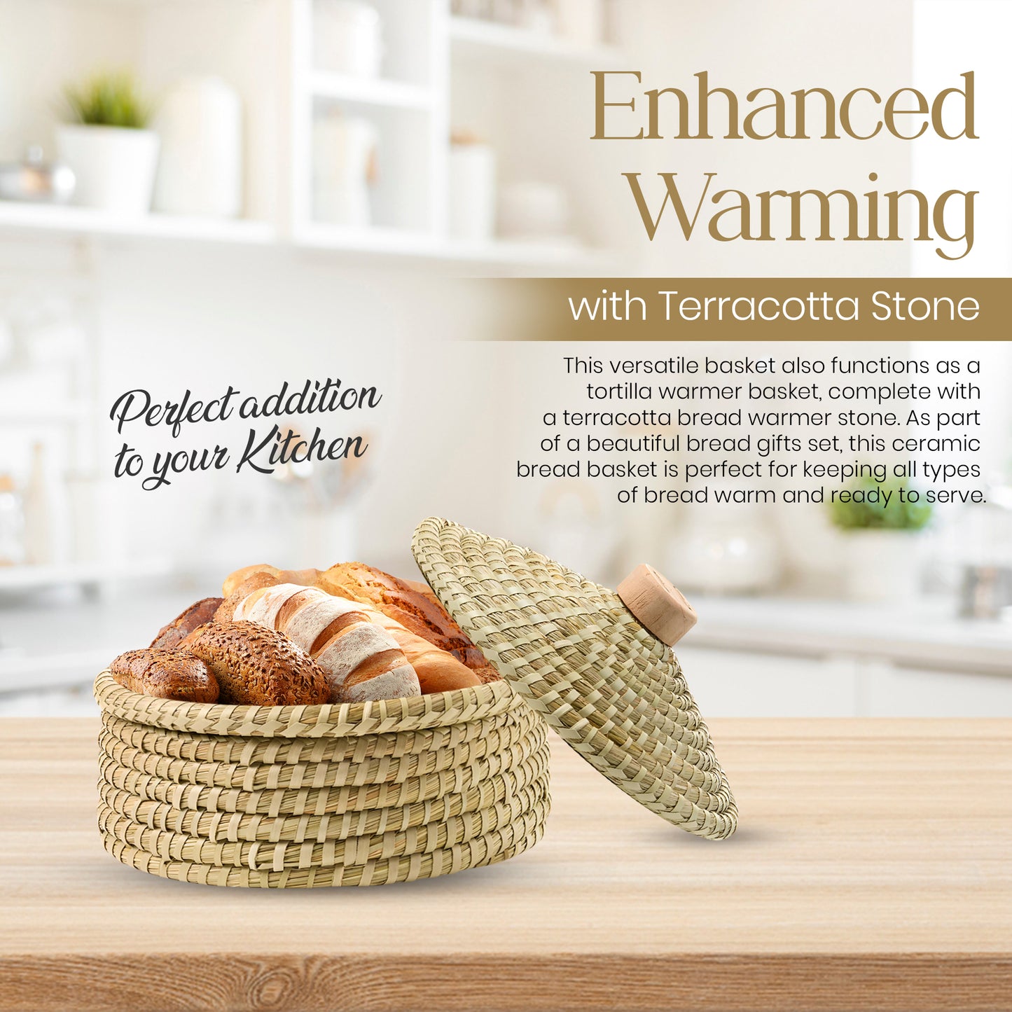 Bread Warmer Round with Lid and Terracotta stone for Tortillas, Bread and more. Gift for bakers and for any occasion, Thanksgiving, Christmas, Family Gathering. Natural finish.